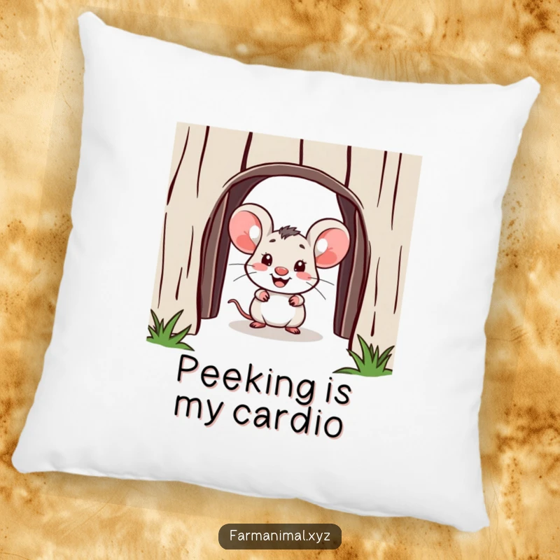 Funny mouse pillow, a small cheerful mouse peeking from a barn door, offering comfort and humor, delightful home decor gift.