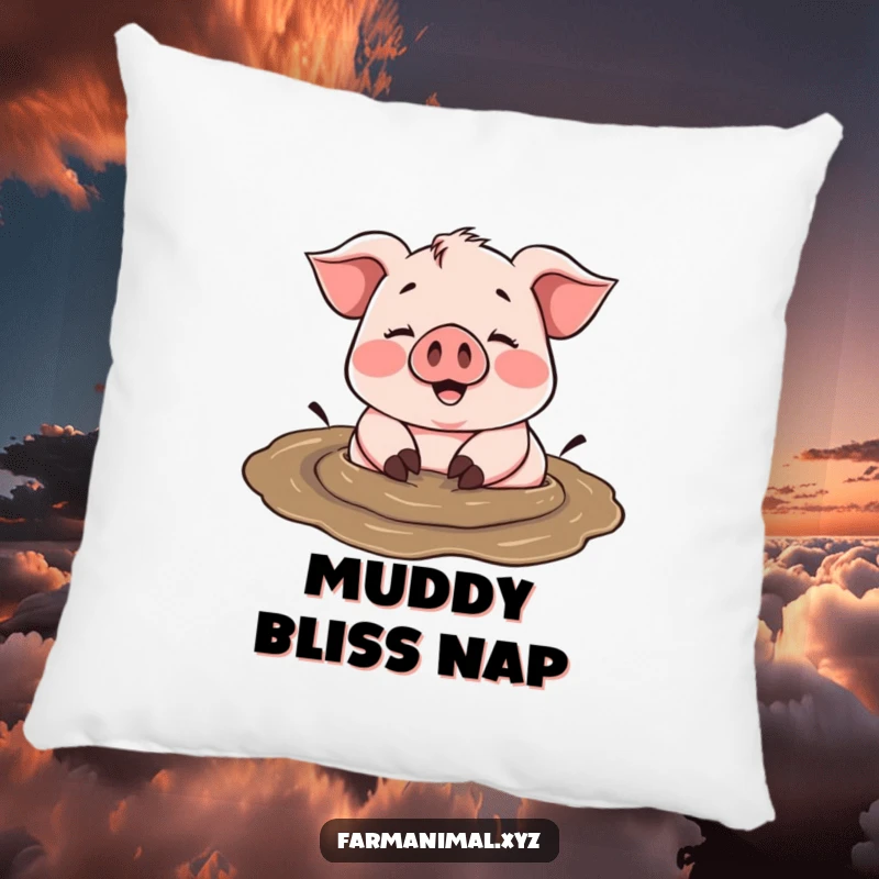 Funny cheerful pig happily rolling in a mud puddle, a symbol of pure joy on a plush pillow.