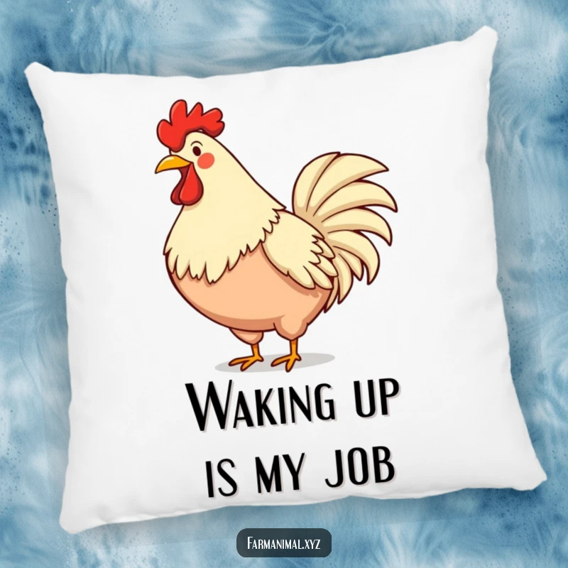 Funny rooster pillow showcasing a smiling rooster mid-crow, chest puffed out, bringing morning energy and farmyard cheer.