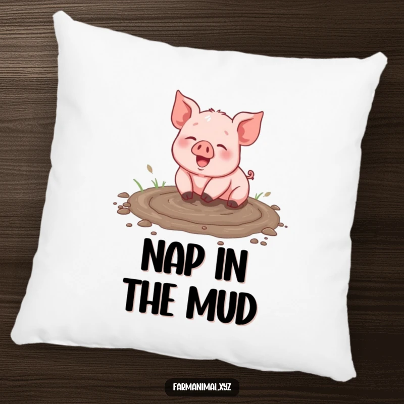 Funny piglet pillow, nestled happily in a muddy puddle, soft and inviting, adding a touch of farm humor to any room.
