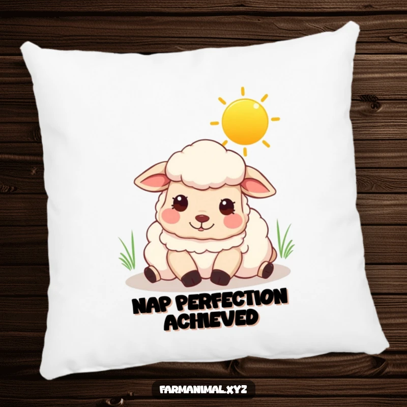 Funny sheep pillow featuring a content sheep resting peacefully beneath a cheerful, sunny sky.