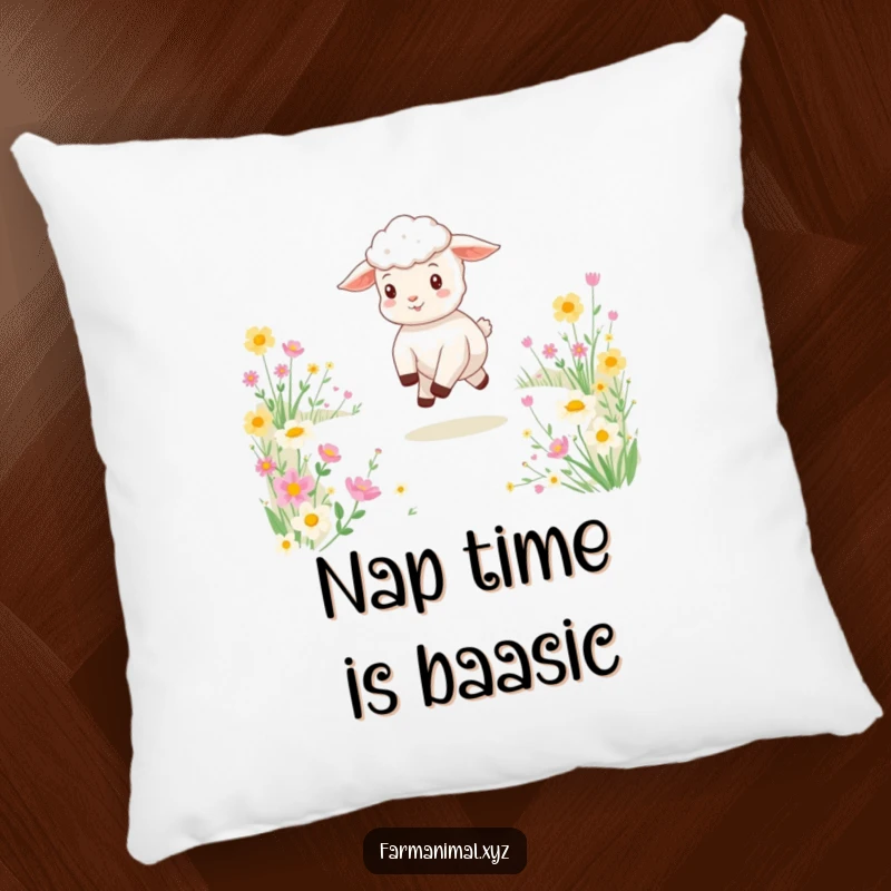 Funny pillow with a cute lamb frolicking in a meadow of flowers, designed to add a touch of playful charm and comfort.