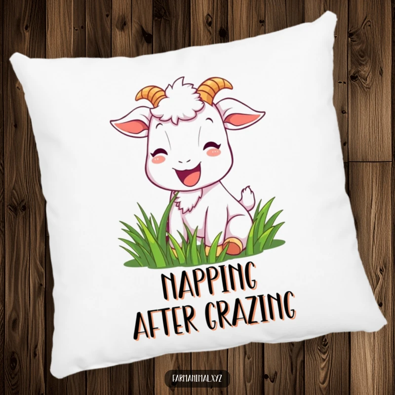 Funny goat pillow featuring a joyful goat character happily munching on grass with a bright smile, offering comfort and cheer.
