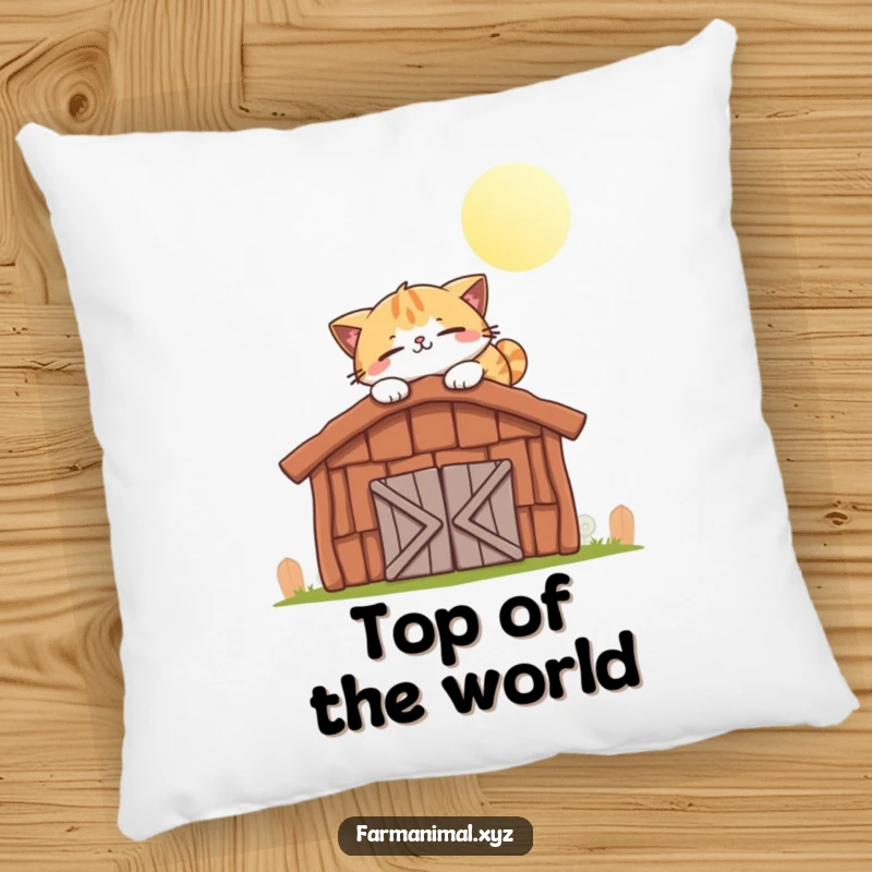 Funny cat pillow with a smiling cat character happily napping on a warm, sunlit barn roof.