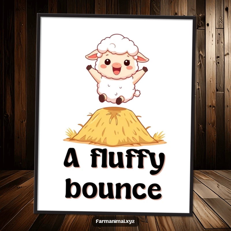 Funny Sheep Digital Art Print: A fluffy sheep character excitedly bouncing on a haystack, embodying pure joy.