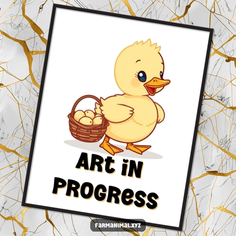 Funny Duckling Digital Art Print of a proud duckling waddling with a basket full of tiny eggs, a charming and cheerful downloadable artwork.