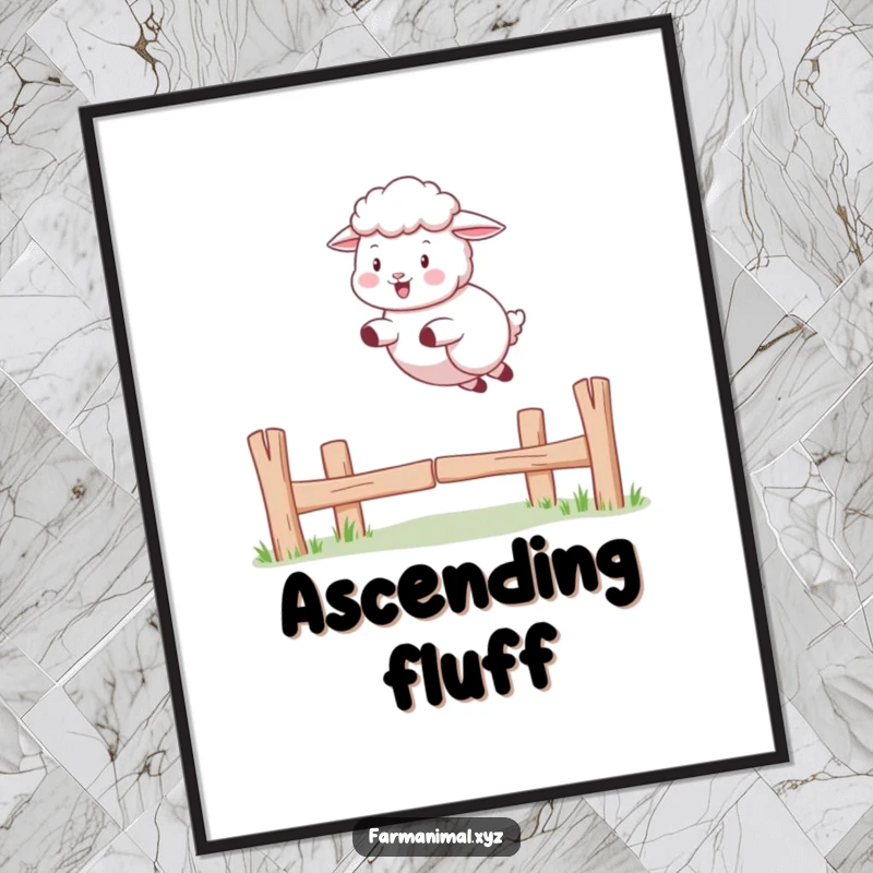 Funny Sheep Digital Art Print: A sheep playfully jumps over a fence, embodying joyful freedom and farm charm.