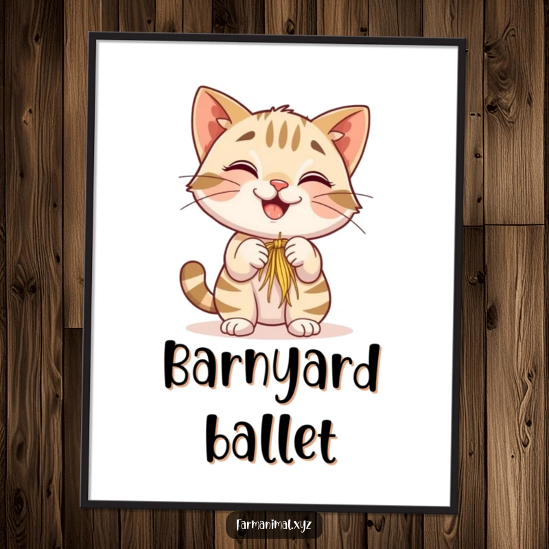 Funny Barn Cat Digital Art Print, featuring a smiling cat playfully batting at hay, perfect for humorous wall decor.