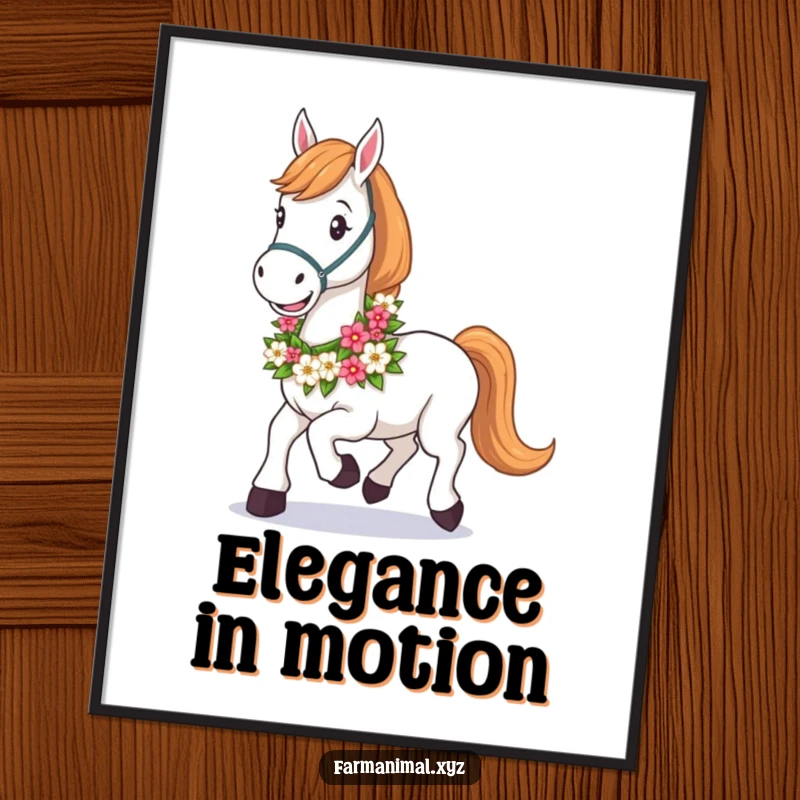 Funny Horse Digital Art Print of a happy horse with a lush floral garland around its neck, trotting with pure delight.