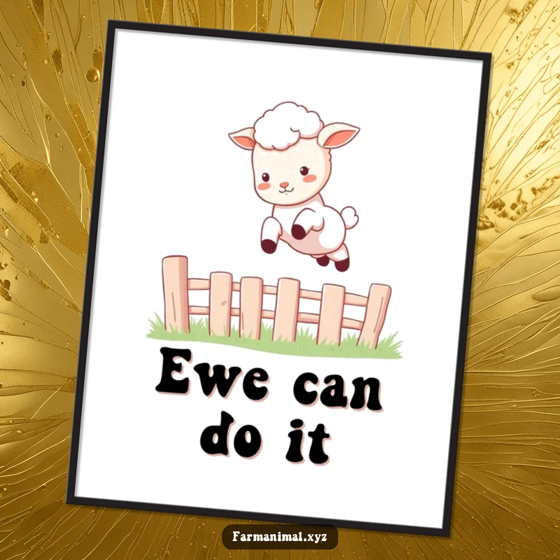 Funny Lamb Digital Art Print of a happy lamb joyfully leaping over a fence, perfect for downloadable whimsical wall decor.