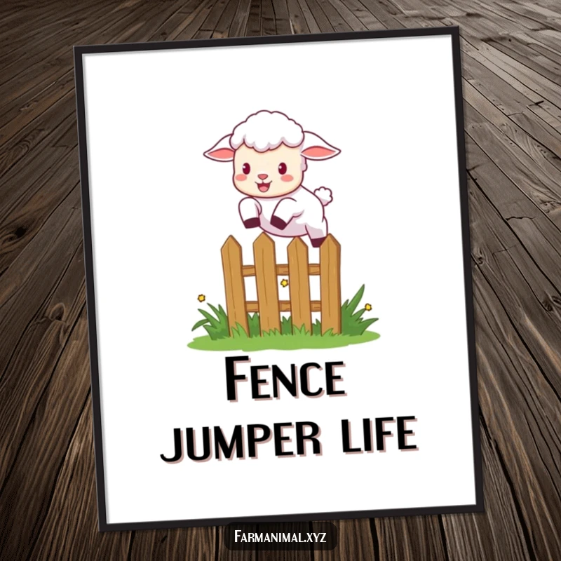 Funny lamb leaping over a small garden fence with excitement, a downloadable humorous art print for home decor.