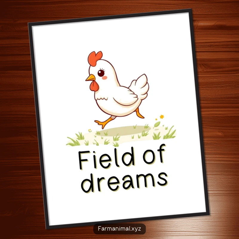 Funny kawaii chicken galloping with boundless energy, a digital art print radiating humor and farm animal charm.