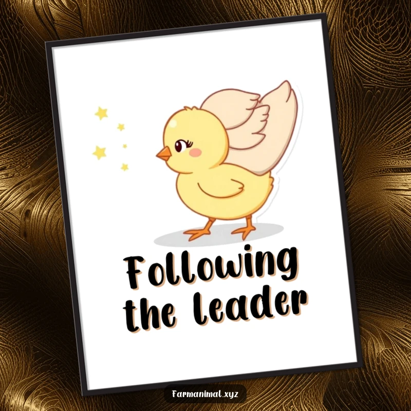 Funny chick following its mother in a digital art print, a high-resolution, humorous illustration for wall decor.