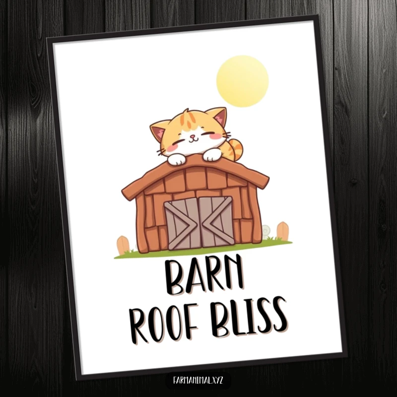 Funny cat digital art print of a smiling cat character happily napping on a warm, sunlit barn roof.