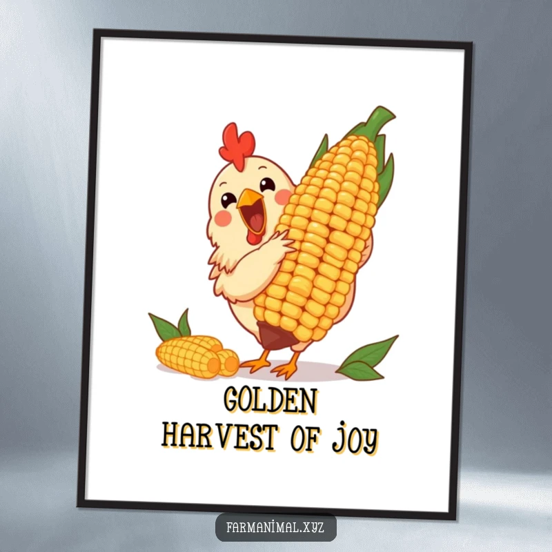 Funny digital art print of a cheerful chicken pecking at a giant corn cob, ideal for instant, farmhouse decor.