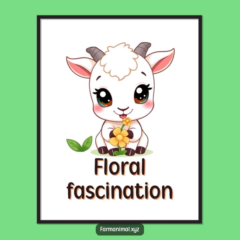 Funny Curious Goat Digital Art: Flower Nibbler Wide Eyes, Instant Funny Gift Download