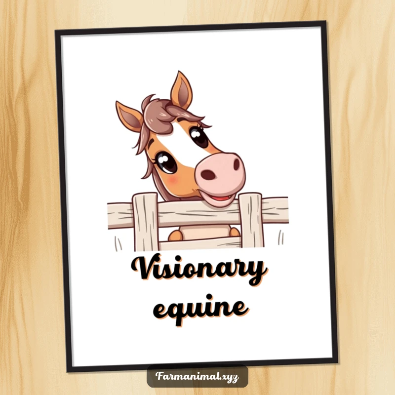 Funny Curious Horse Digital Art Print, featuring a horse with wide, friendly eyes peeking over a fence, perfect for humorous wall decor.
