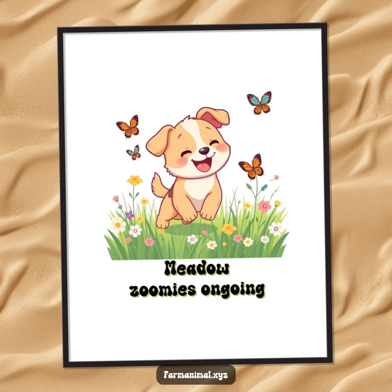 Funny happy dog chasing butterflies in a meadow on a digital art print, a high-resolution, humorous piece.