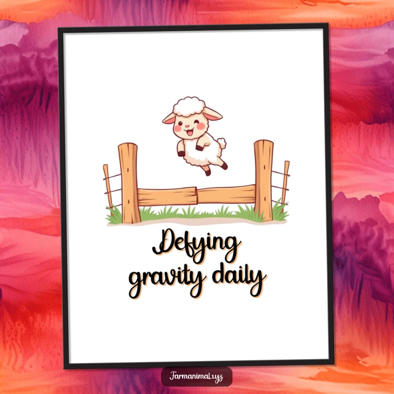 Funny digital art print of a giggling sheep jumping over a fence, full of joy and determination.