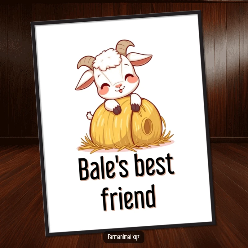 Funny Goat Headbutting Digital Art Print, a high-resolution image of a goat's comical headbutt on a hay bale, symbolizing playful farm energy.