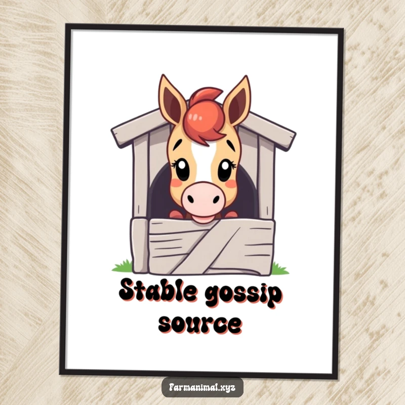 Funny horse digital art print of a curious horse character peeking over a stable door, perfect for horse enthusiasts needing humorous decor.