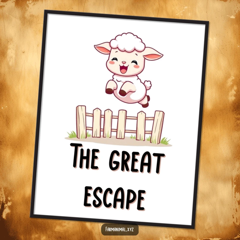 Funny playful lamb captured mid-leap over a fence, a digital art print radiating humor and farm animal delight.