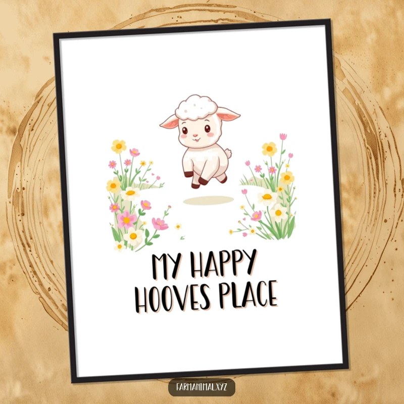 Funny digital art of a cheerful lamb joyfully skipping through a vibrant field of flowers, perfect for instant wall art.