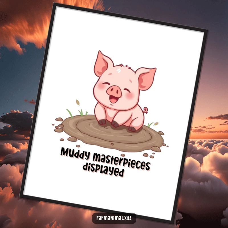 Funny piglet digital art print, happily immersed in a muddy puddle, vibrant colors, capturing pure delight, printable wall decor.