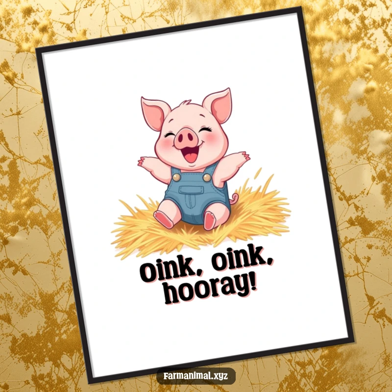 Funny piglet digital art print of a happy piglet in overalls gleefully rolling in hay, radiating pure joy.