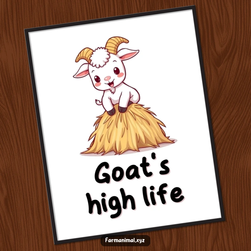 Funny digital art print depicting a mischievous cartoon goat gleefully climbing a small haystack.