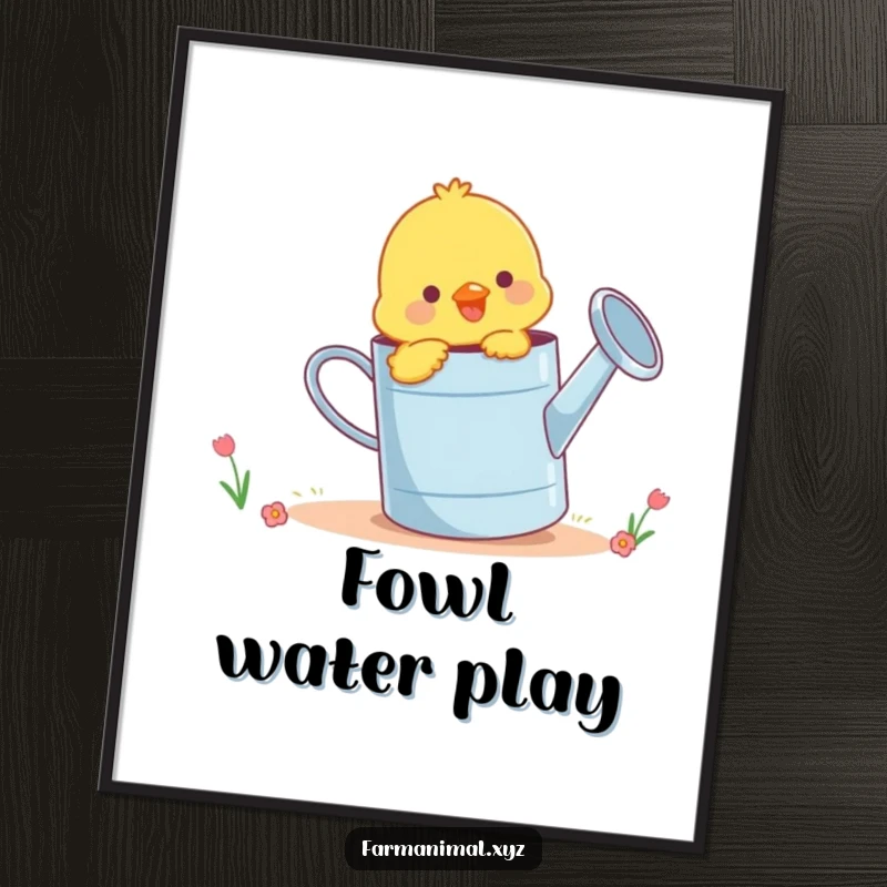 Funny chick pecking playfully at a giant watering can, a downloadable and humorous art print for instant decor.
