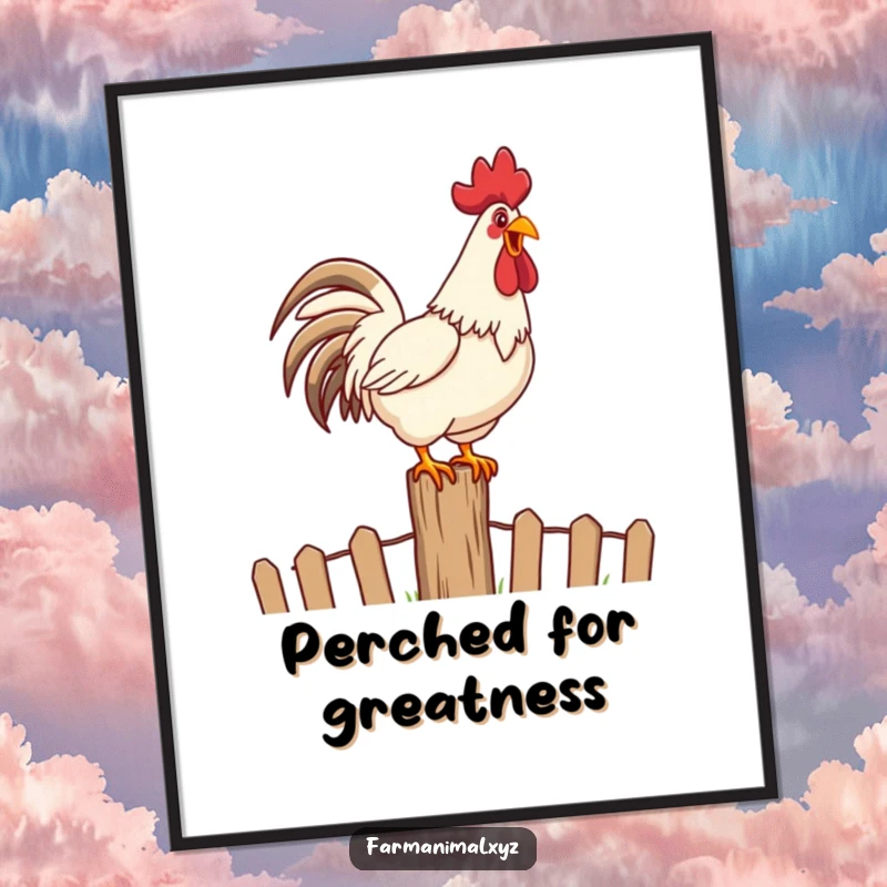 Funny Rooster Crowing Digital Art Print of a happy rooster loudly crowing on top of a fence post, downloadable cheer.