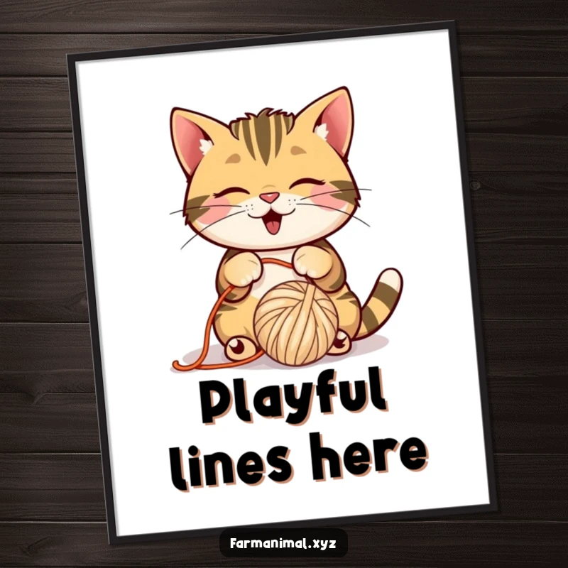 Funny Barn Cat Digital Art Print of a playful cat batting a ball of yarn, downloadable charm.