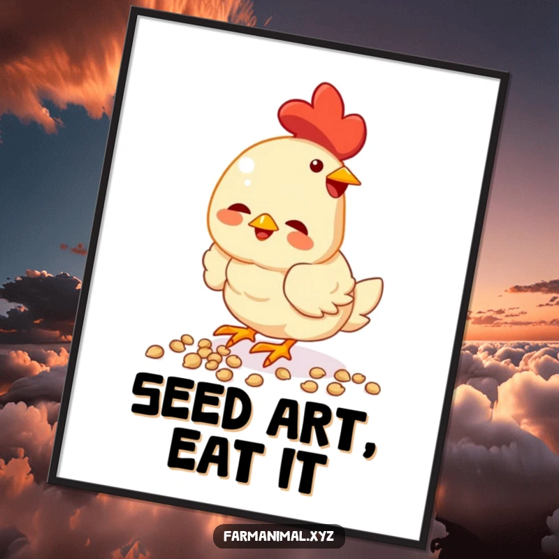 Funny chicken digital art print, enthusiastically pecking seeds, full of life and character, perfect for charming wall decor.