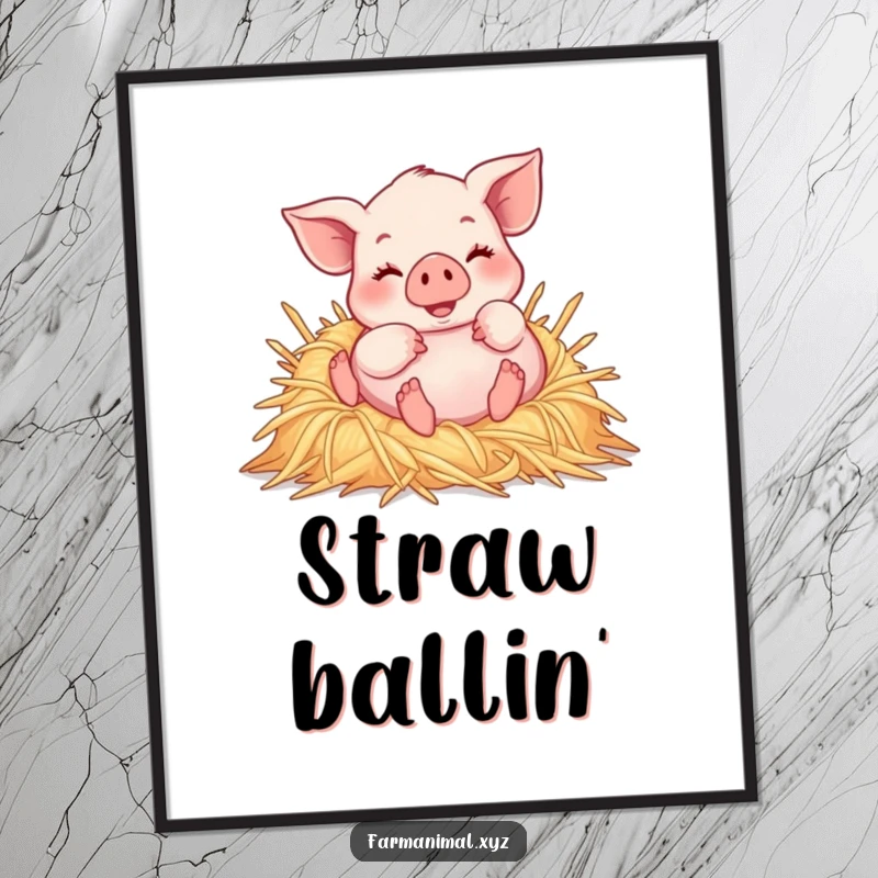 Funny piglet joyfully rolling in a pile of soft straw, a downloadable humorous art print for home decor.