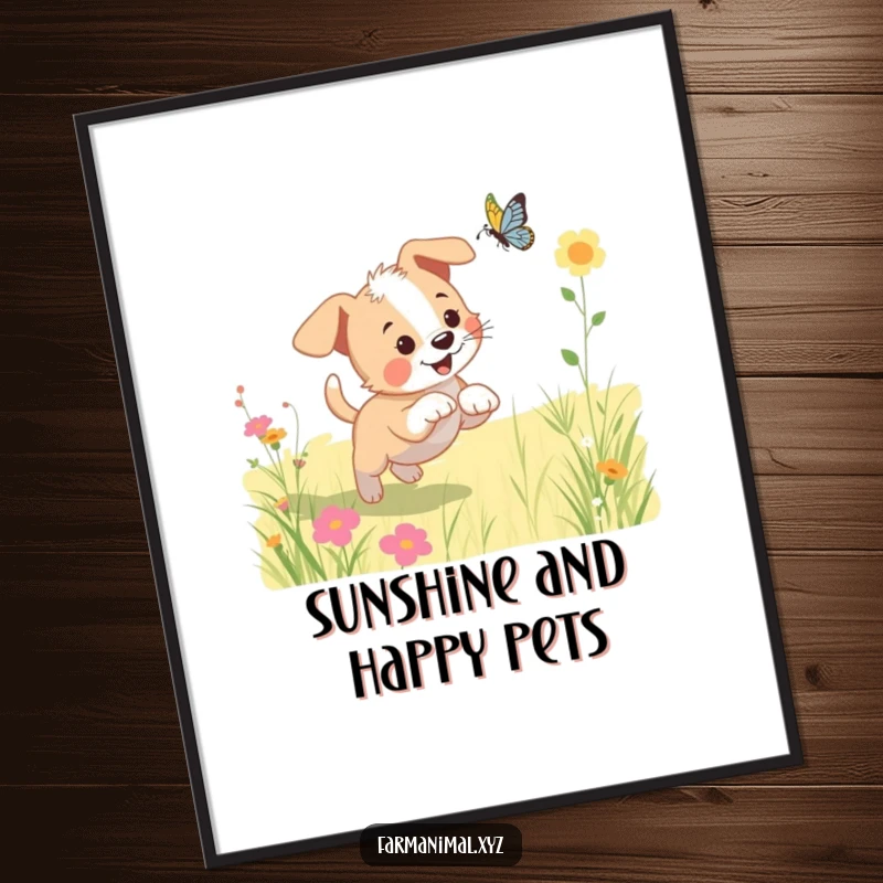 Funny puppy digital art print of a playful dog chasing a butterfly in a sunny meadow, radiating pure happiness.