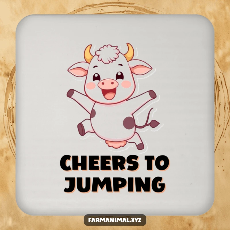 Funny jumping cow coaster, joyfully leaping, protecting surfaces with farmyard flair and humor.