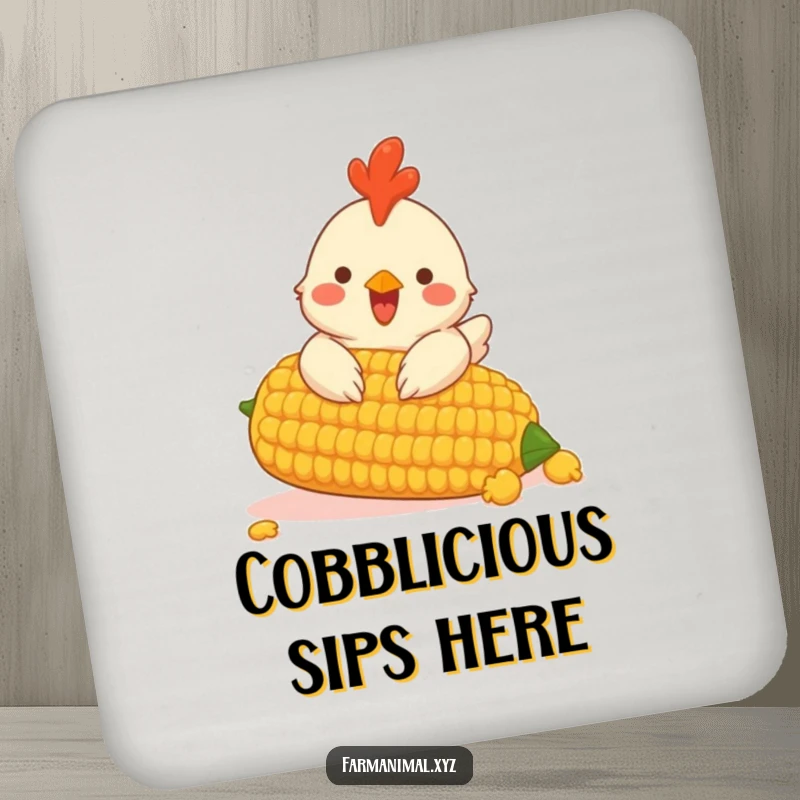 Funny drink coaster featuring a cheerful chicken pecking at a giant corn cob, adding charm.