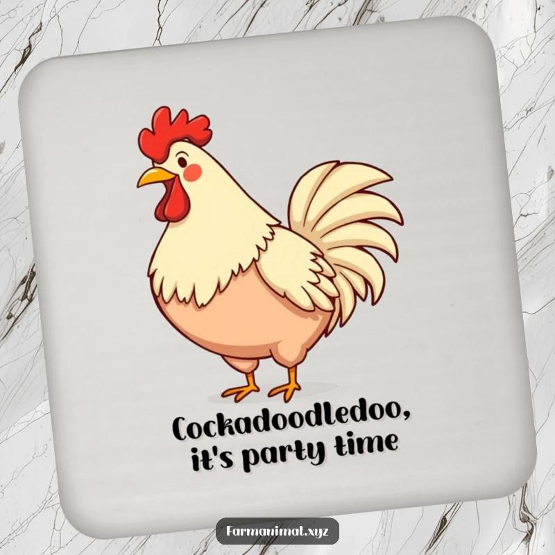 Funny rooster drink coaster featuring a smiling rooster crowing, chest puffed out, adding farmyard flair and protection.