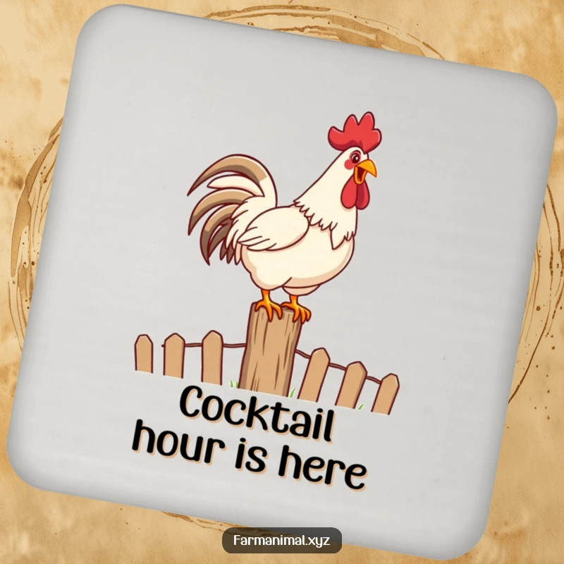 Funny Rooster Crowing Coaster featuring a happy rooster loudly crowing on top of a fence post, protecting surfaces humorously.