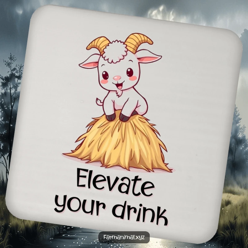 Funny drink coaster with a mischievous cartoon goat gleefully climbing a haystack, protecting surfaces.