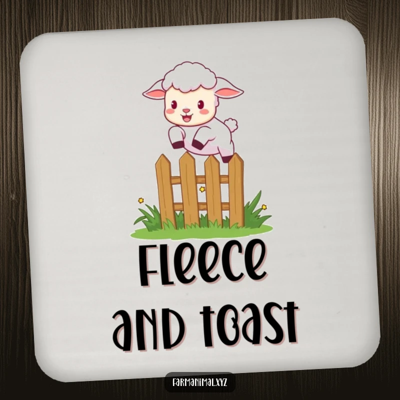 Funny lamb leaping over a small garden fence with excitement, a set of humorous drink coasters for table protection.