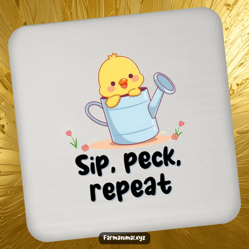 Funny chick pecking playfully at a giant watering can, a set of humorous drink coasters for table protection.