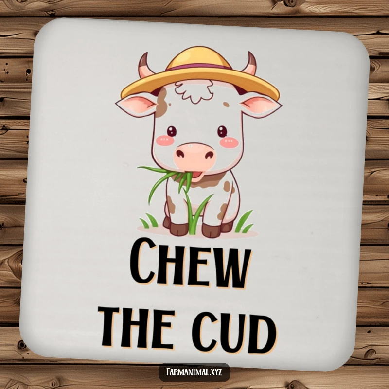 Funny Cow Coaster: A cow wearing a straw hat happily chews grass, protecting surfaces with country charm.