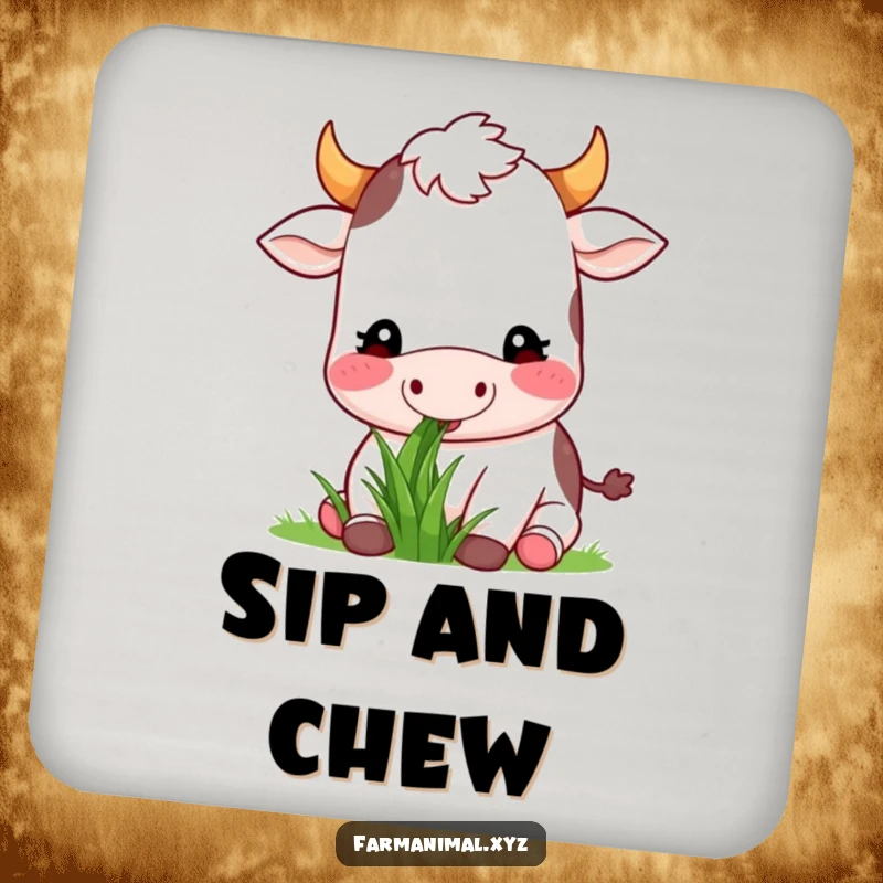 Funny happy cow munching contentedly on a drink coaster, adding humorous farm animal peace to any tabletop.
