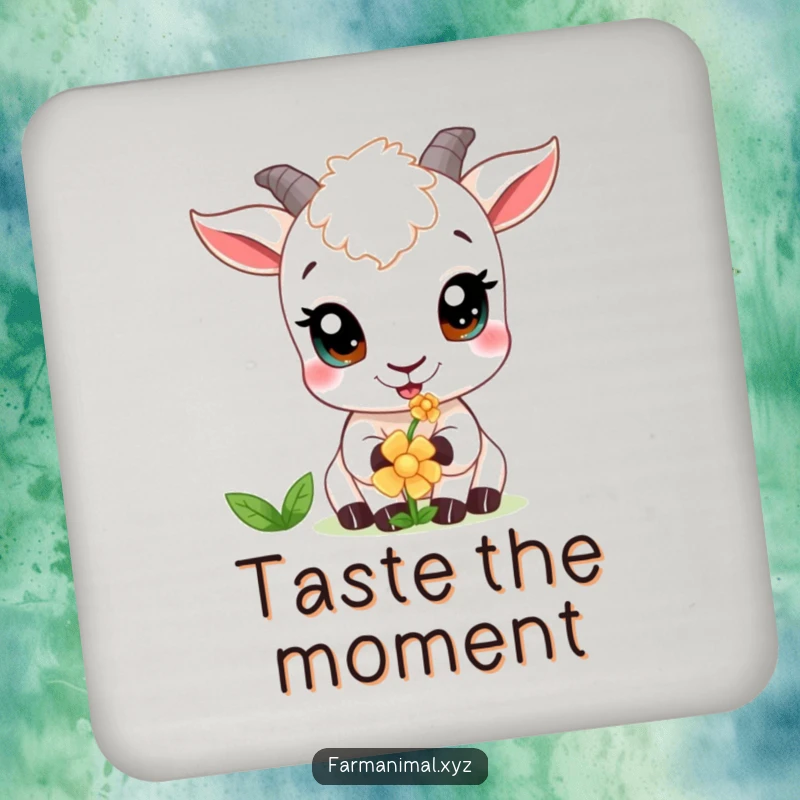 Funny goat drink coasters featuring a curious goat with wide eyes, nibbling a flower, perfect for table protection.