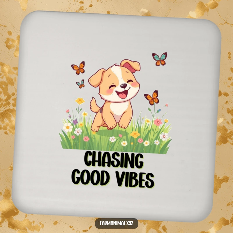 Funny happy dog chasing butterflies on a drink coaster, a cheerful and humorous addition to any surface.