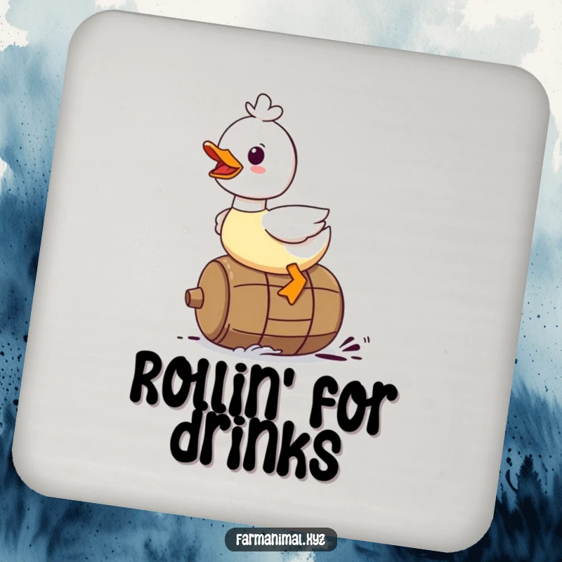 Funny Duck Coaster: A duck character gleefully riding on a rolling barrel, protecting your drink.