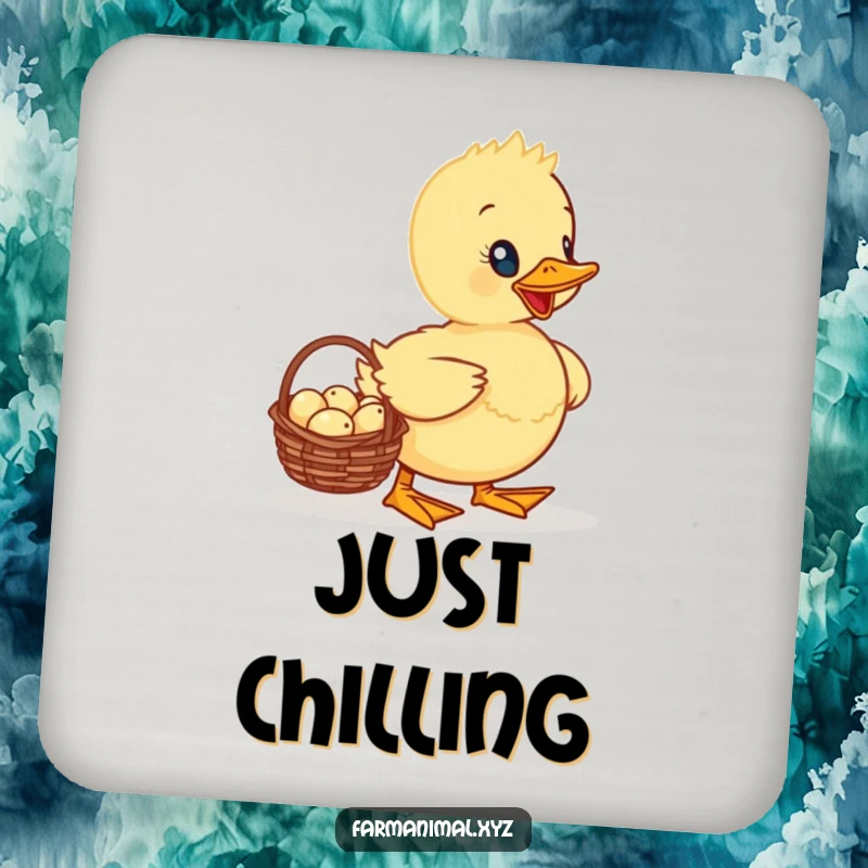 Funny Duckling Drink Coaster showing a proud duckling carrying a basket of tiny eggs, a cute and practical addition to any table.