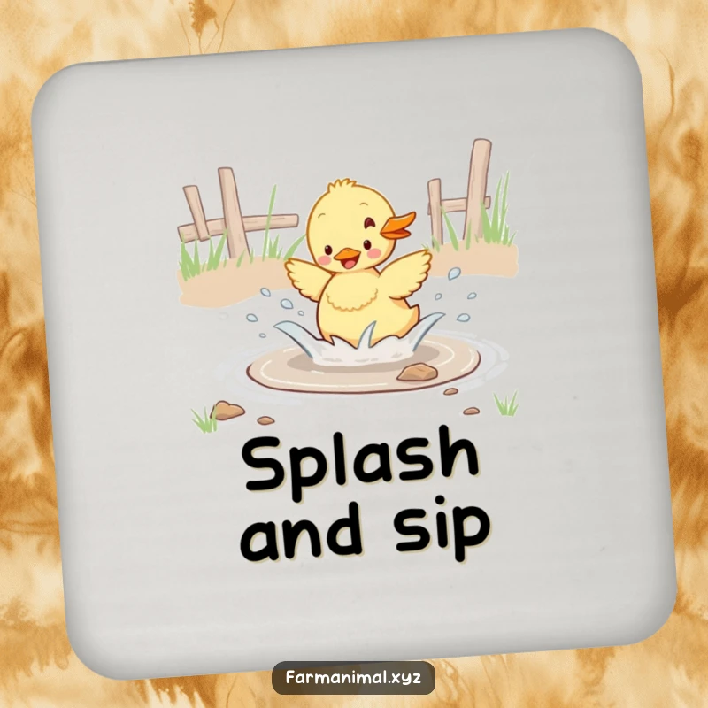 Funny duckling enthusiastically splashing in a barnyard puddle, a set of humorous drink coasters for table protection.